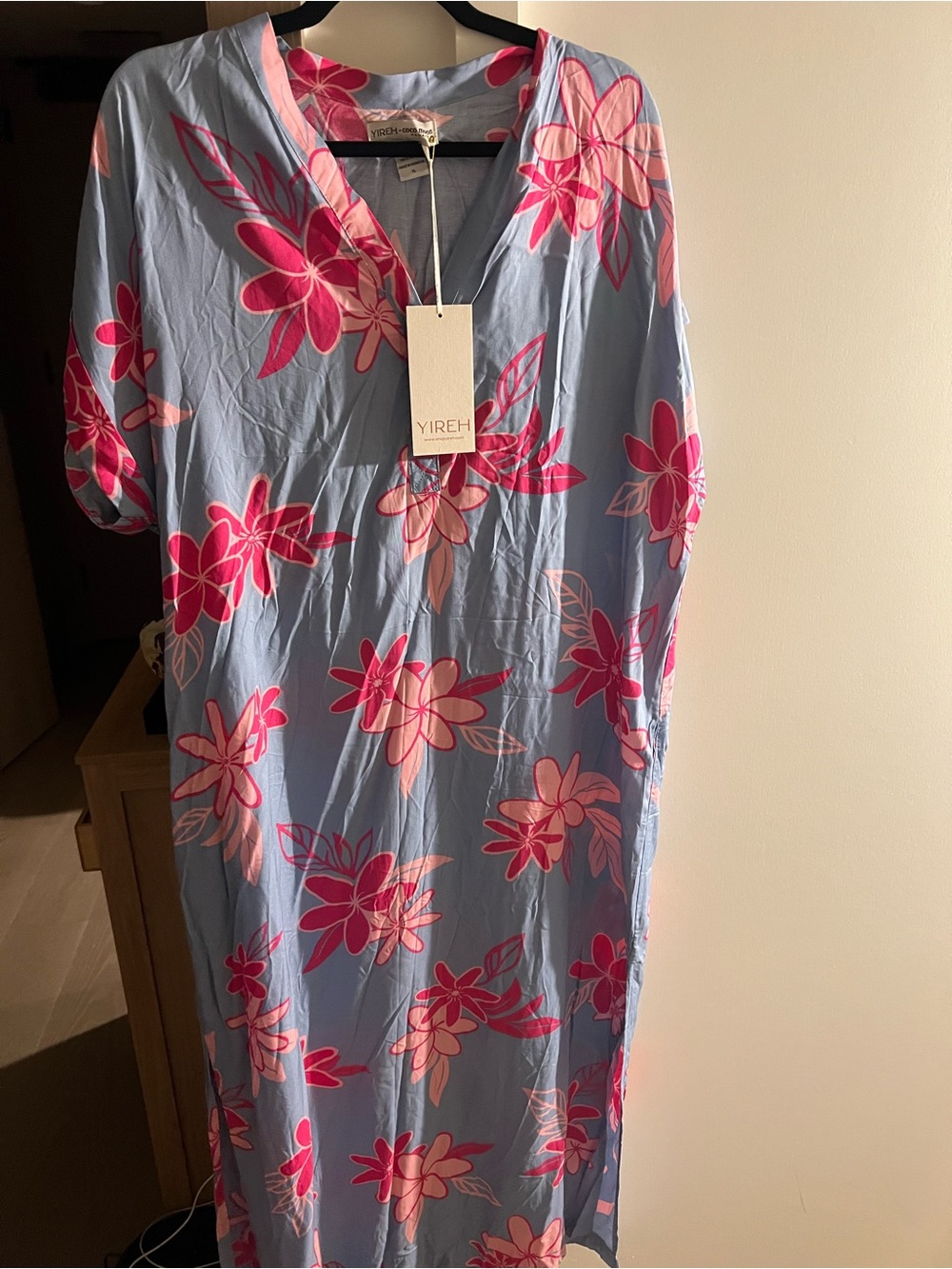 YIREH Light Blue Maxi Dress with Pink Floral Print
